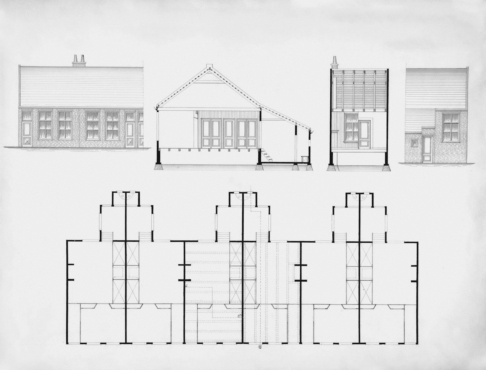 Architectural drawings of a building with elevations and floor plan